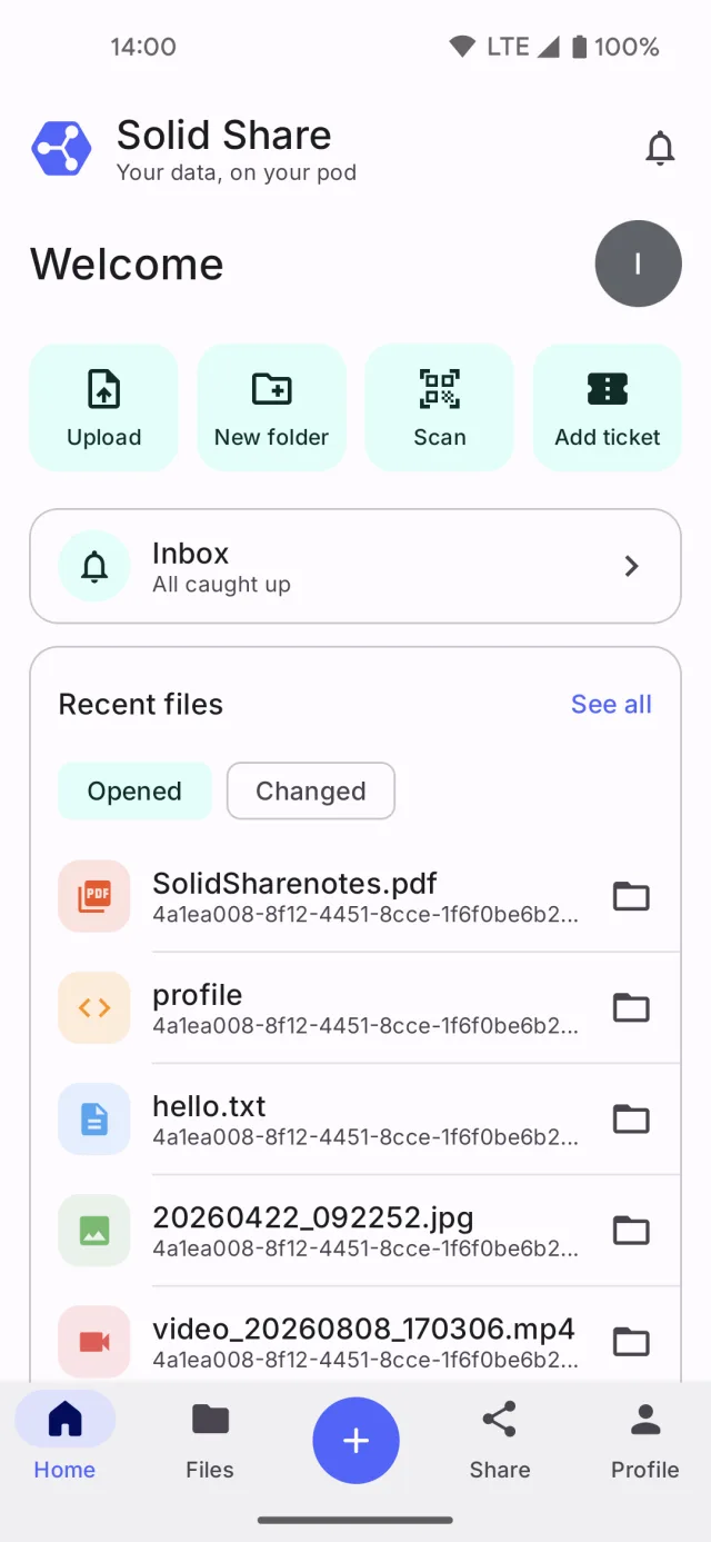 The Solid Share home screen, with quick actions, the inbox row and recent files