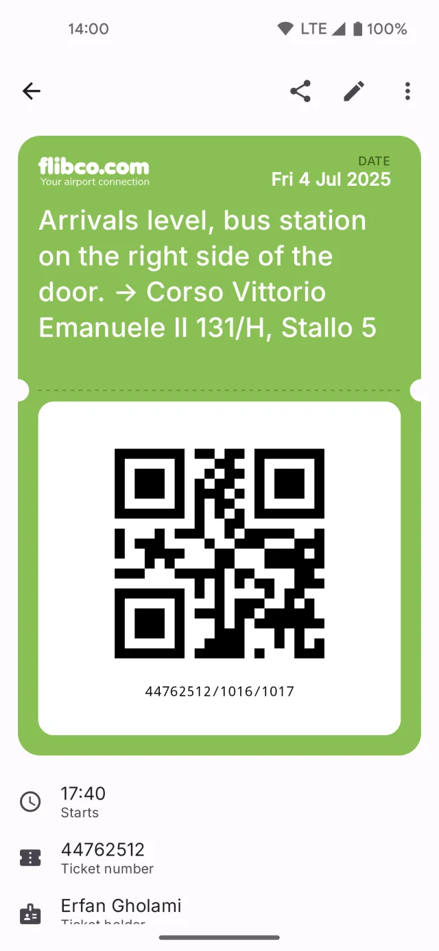 A bus ticket held in the Solid Share wallet, showing its barcode