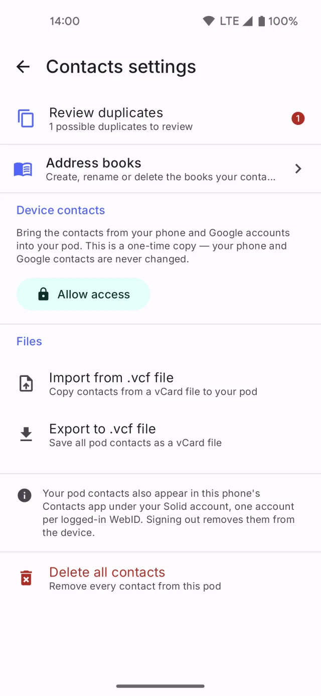 Contact sync settings in Solid Share