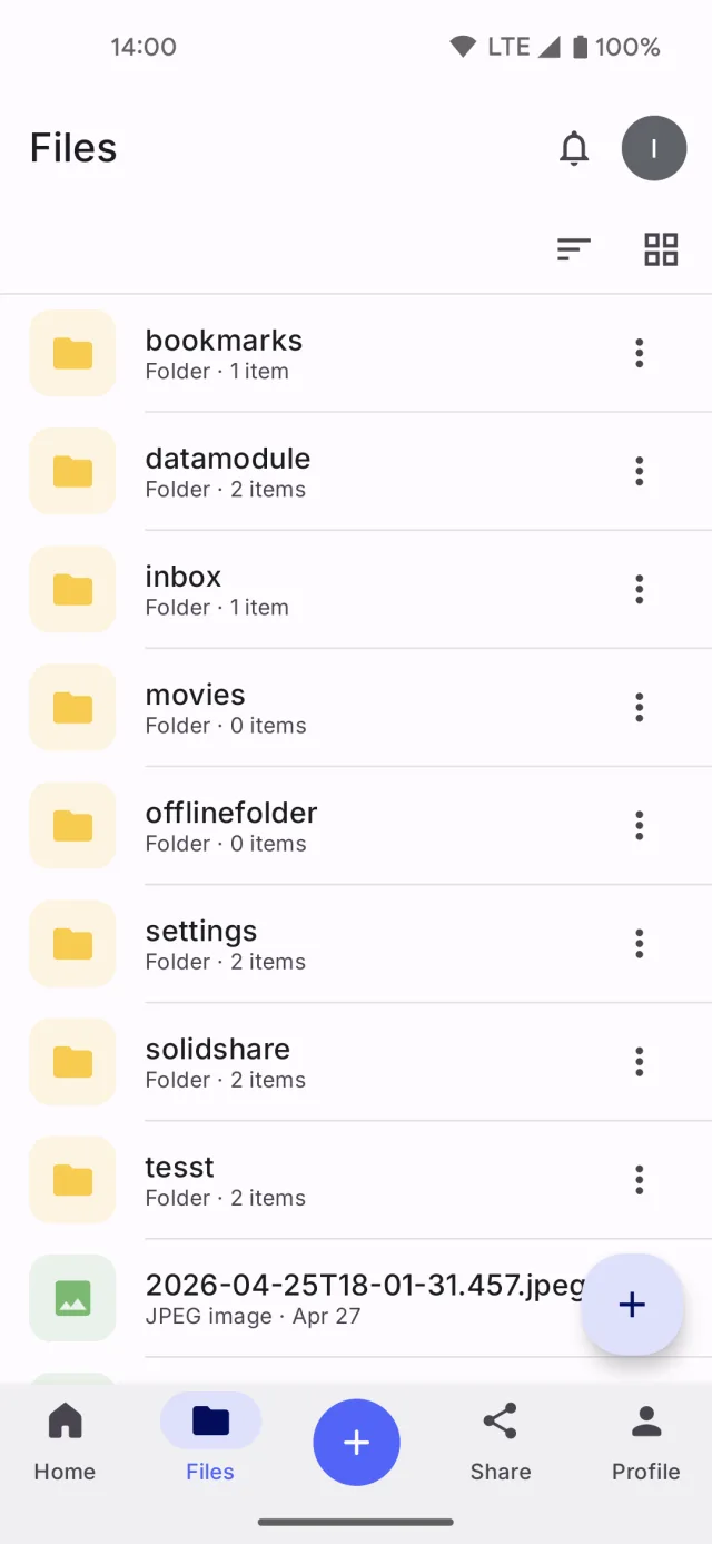 The Solid Share file browser, listing folders and files on a Solid pod