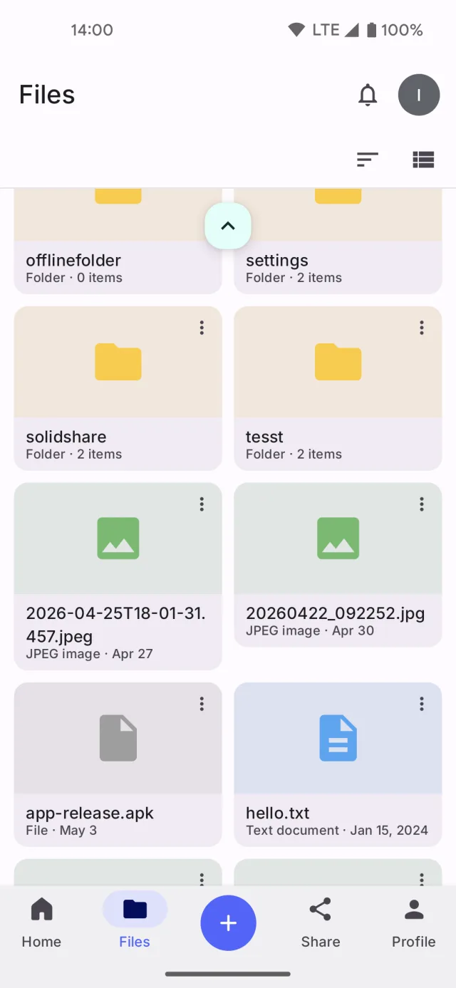 The Solid Share file browser in grid view, with folders and files side by side