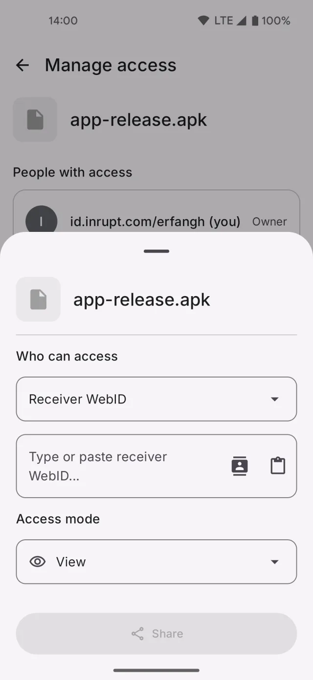 A share sheet that picks the receiver WebID and the access mode