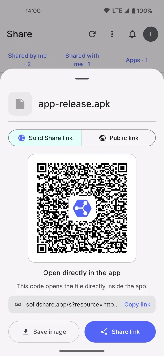 A share screen with a QR code that opens the shared file in the app