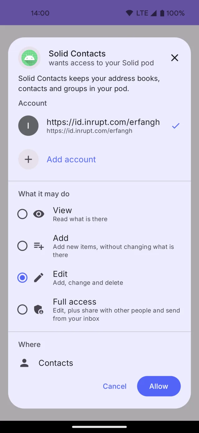 An app asking for access to a Solid pod, showing the account, the access level and the folder it may reach